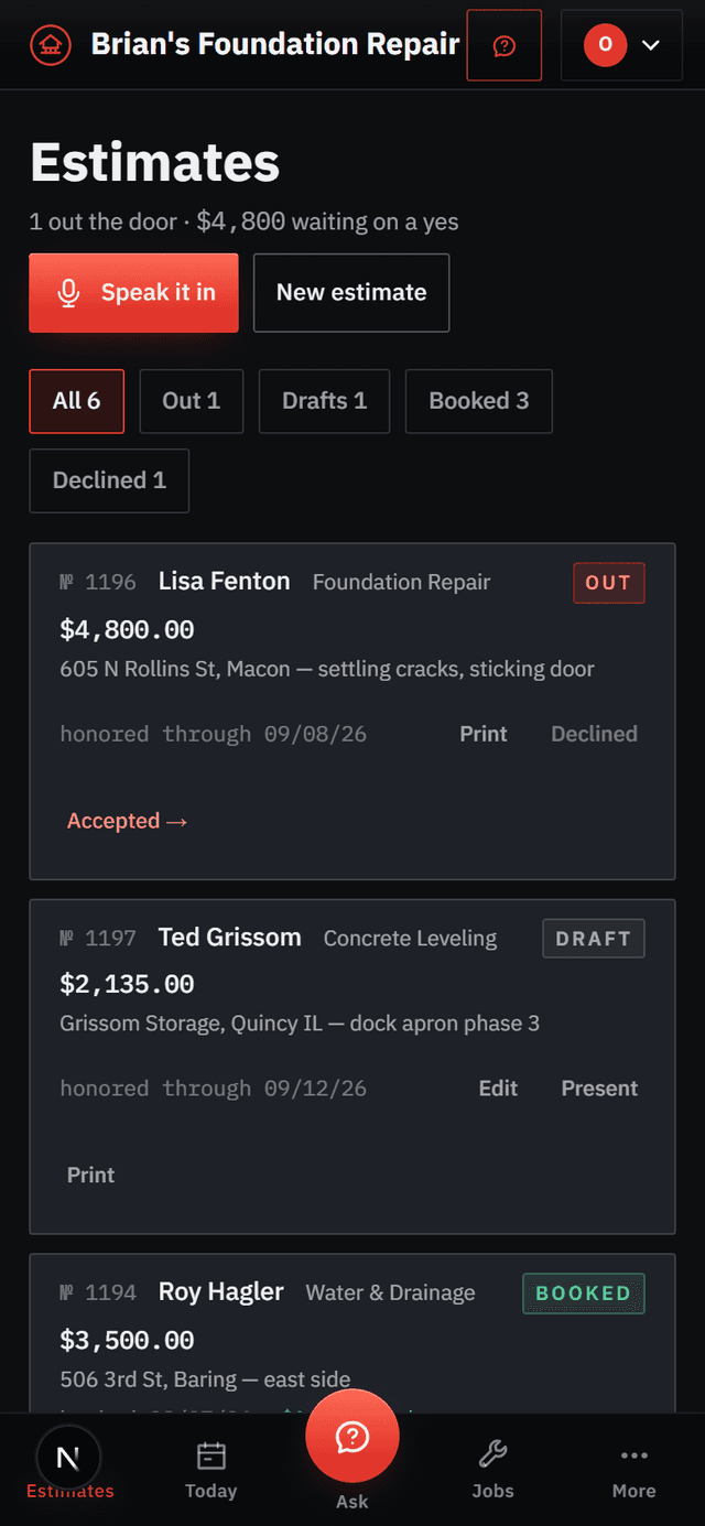 Brian’s Foundation Repair OS on a phone — the estimate book with speak-it-in intake