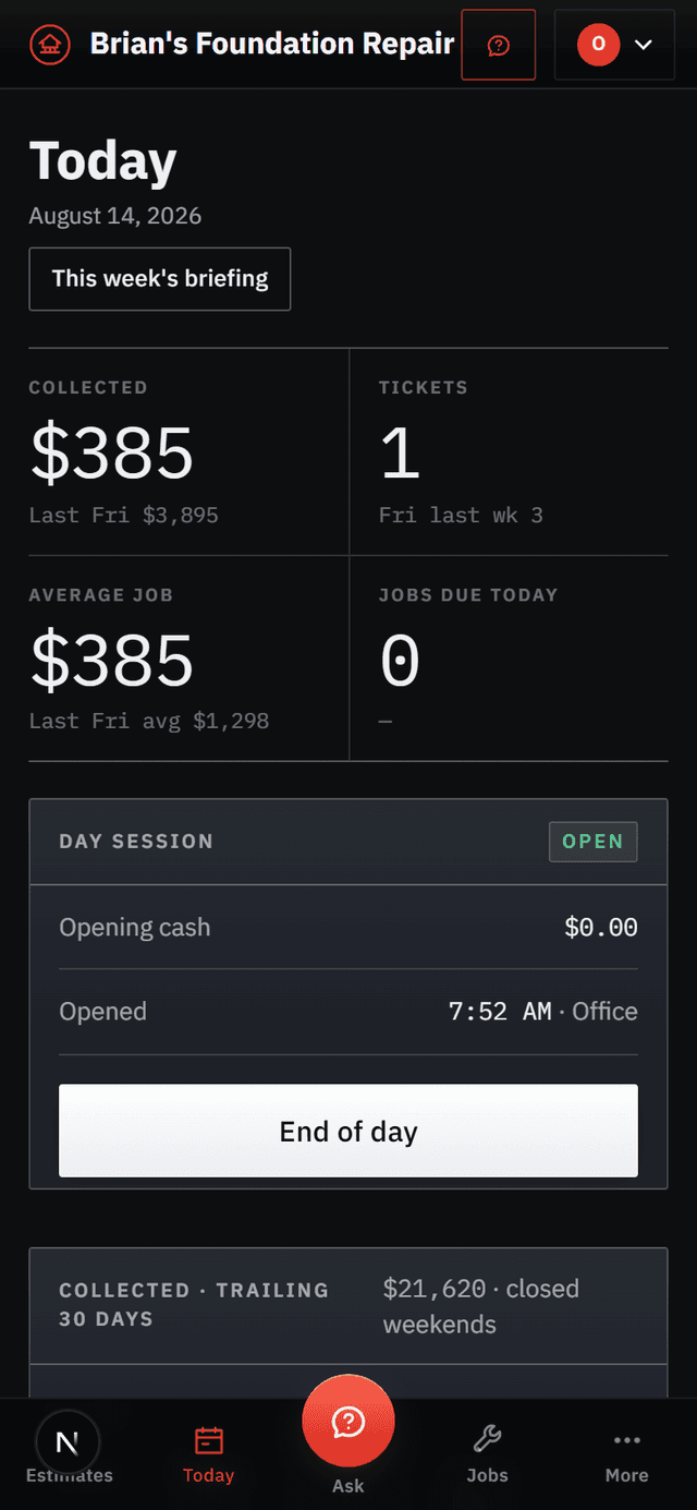 Brian’s Foundation Repair OS on a phone — the day’s collected, tickets, and jobs due