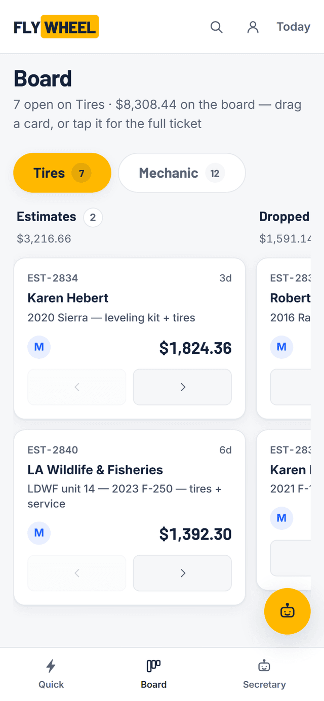 Flywheel OS estimate board on a phone — open orders with dollars on the board