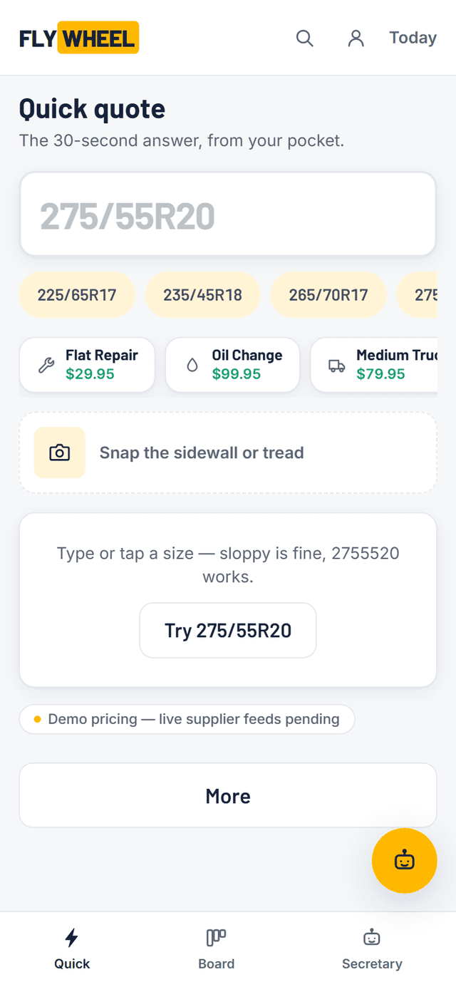 Flywheel OS quick quote on a phone — a tire size field with a snap-the-sidewall camera option