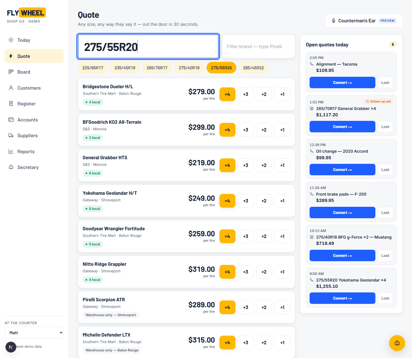 Flywheel OS quote screen — a tire size typed in and every supplier priced out the door in seconds