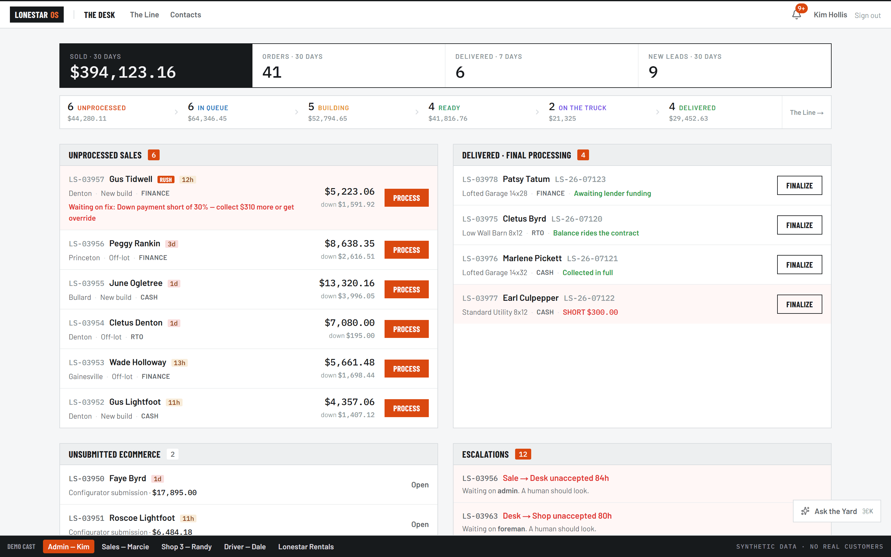 Lonestar OS desk — sales pipeline from unprocessed to delivered with dollars at every stage