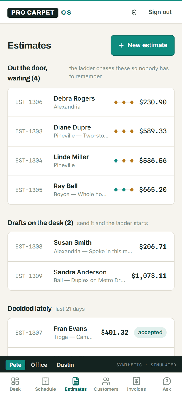 Pro Carpet OS estimates on a phone — the ladder chasing every estimate that is out the door