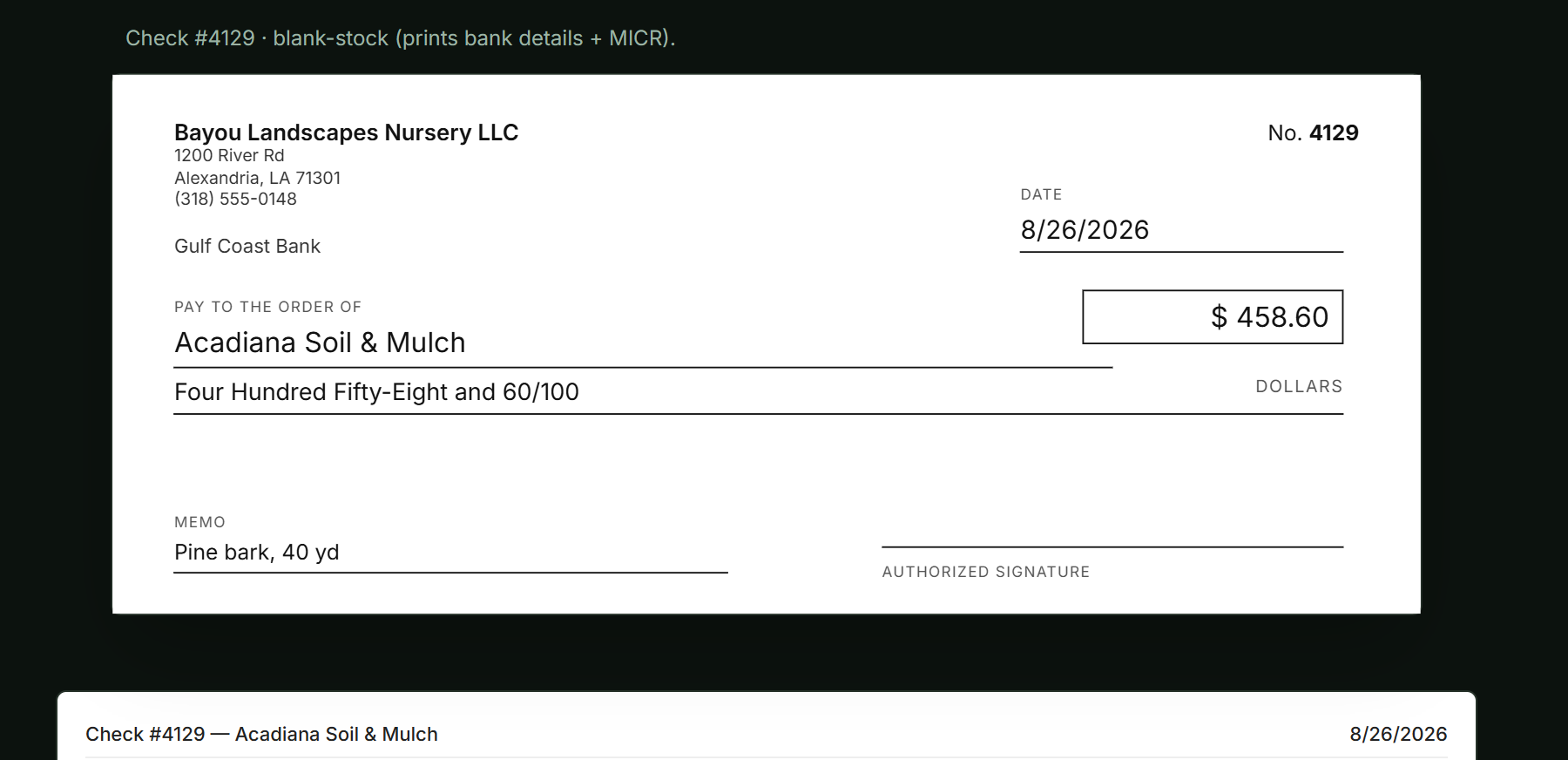 A check laid out for printing, amount written out in words, drawn from a bill in the ledger, with a stub showing what it paid (demo data)
