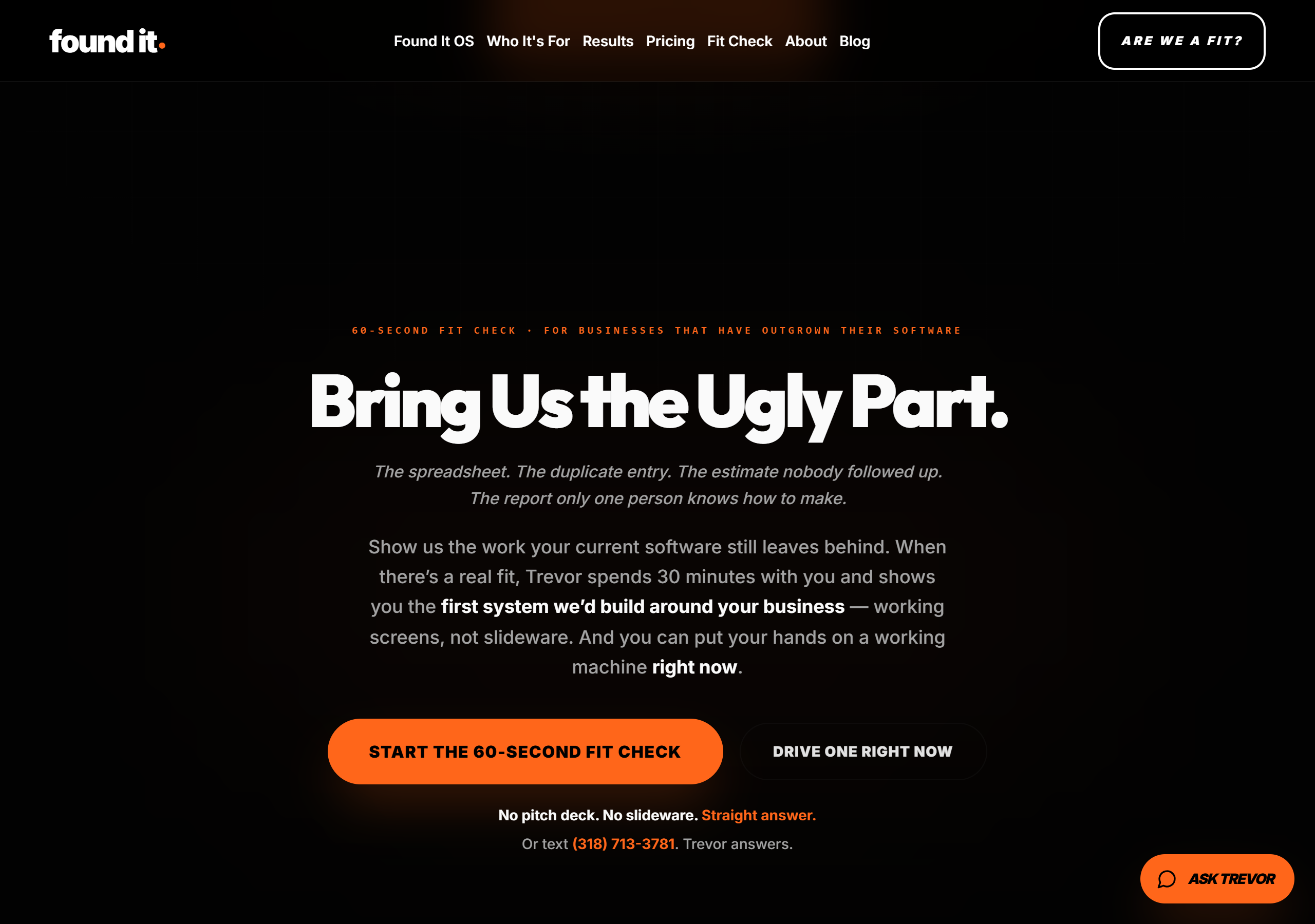 The old homepage close: an eyebrow, a headline, an italic litany, a five-line paragraph, two buttons, two footnotes