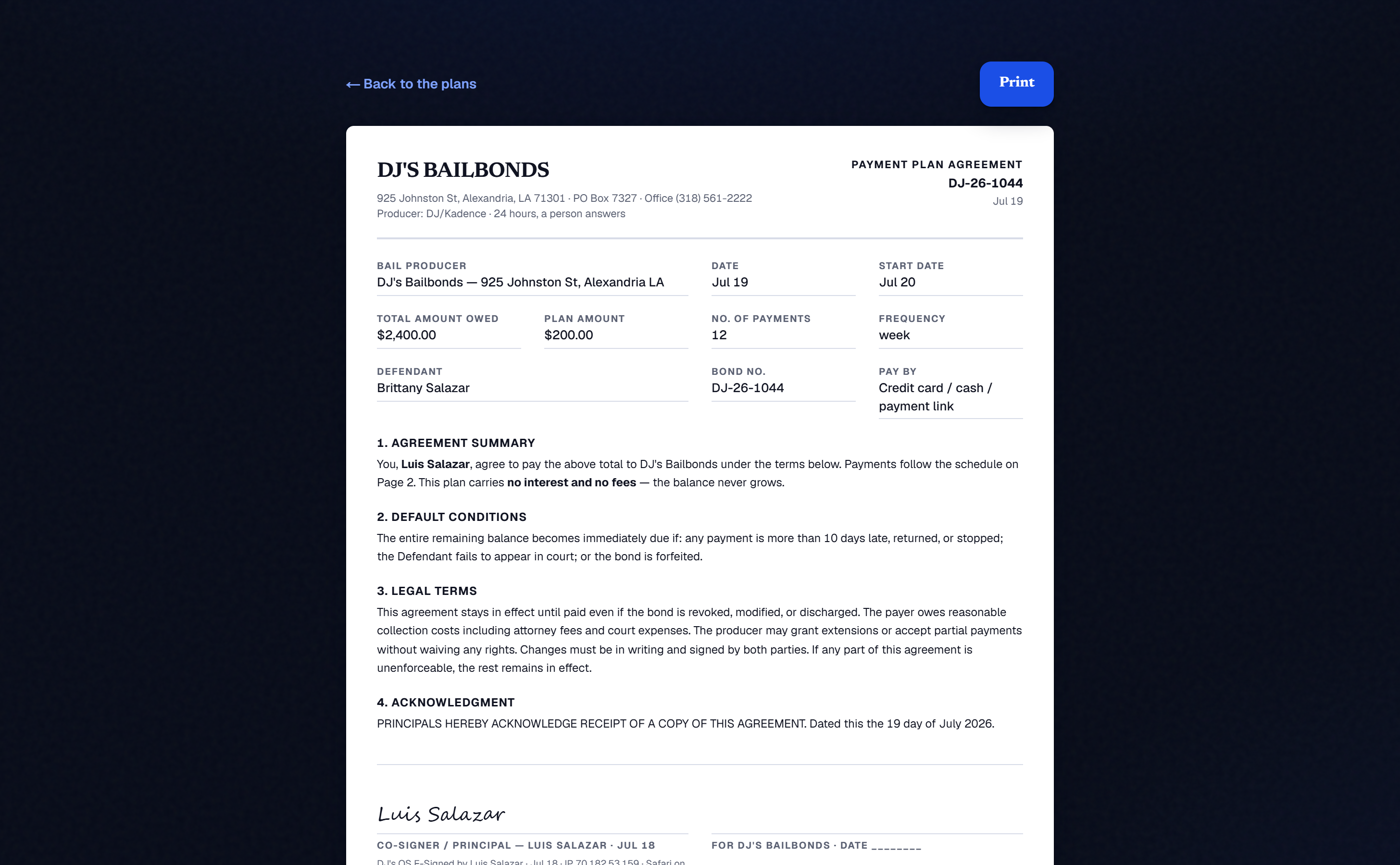 The payment plan agreement on letterhead, every installment printed, e-signature and audit trail on the page (demo data)