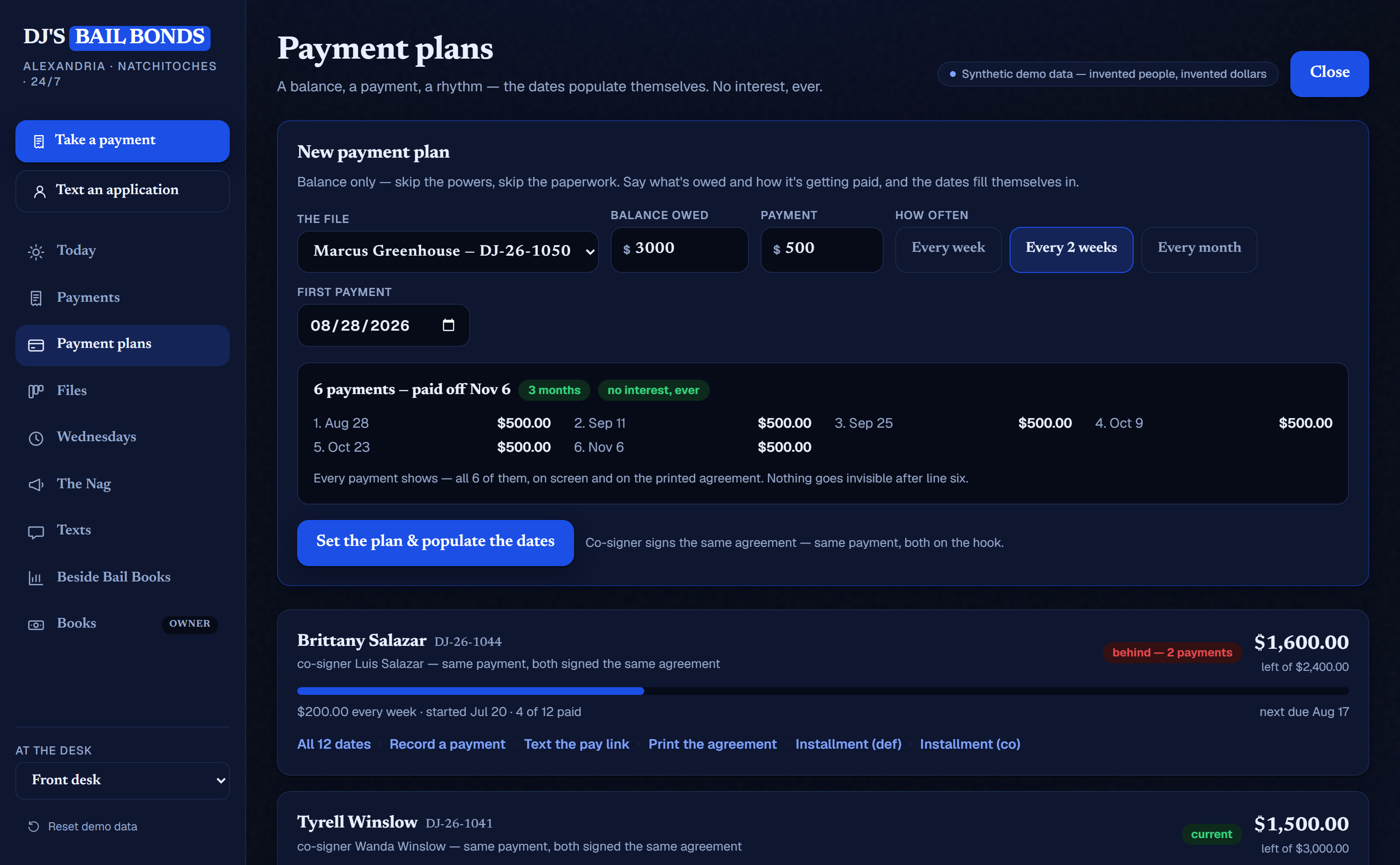 The plan composer: type a balance and a payment, the dates populate themselves — no interest, ever (demo data)