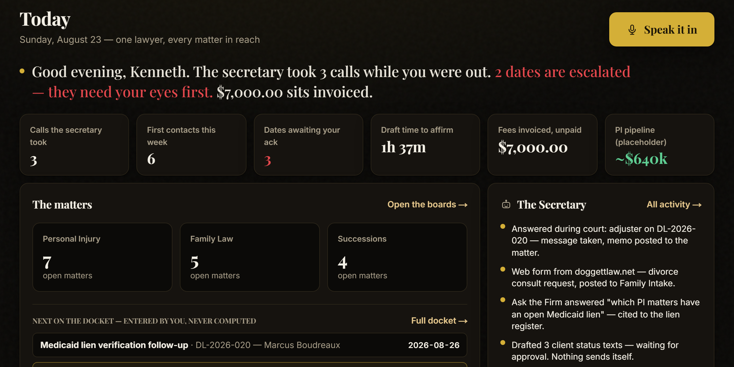 The morning screen: calls the secretary took, dates needing his eyes (demo data)