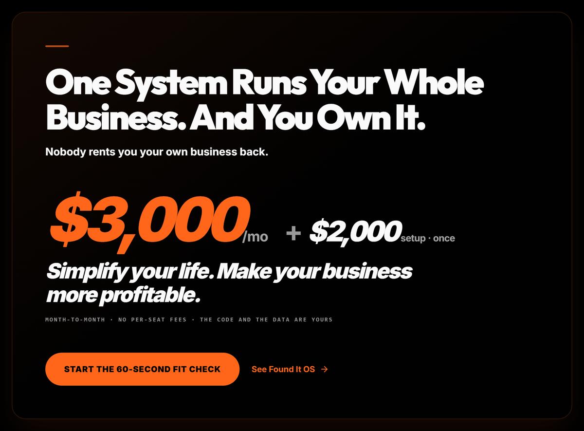 The new price object: $3,000/mo huge in orange, + $2,000 setup once, the promise at display scale