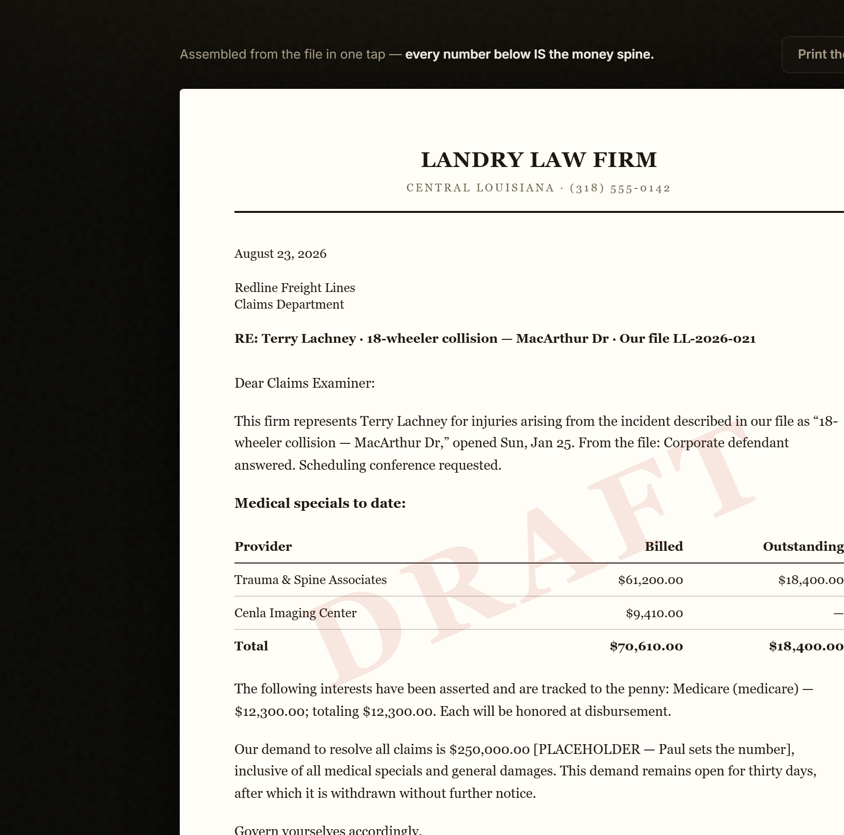 A demand letter assembled from the file in one tap, on letterhead, under a red UNSIGNED DRAFT stamp (demo data)