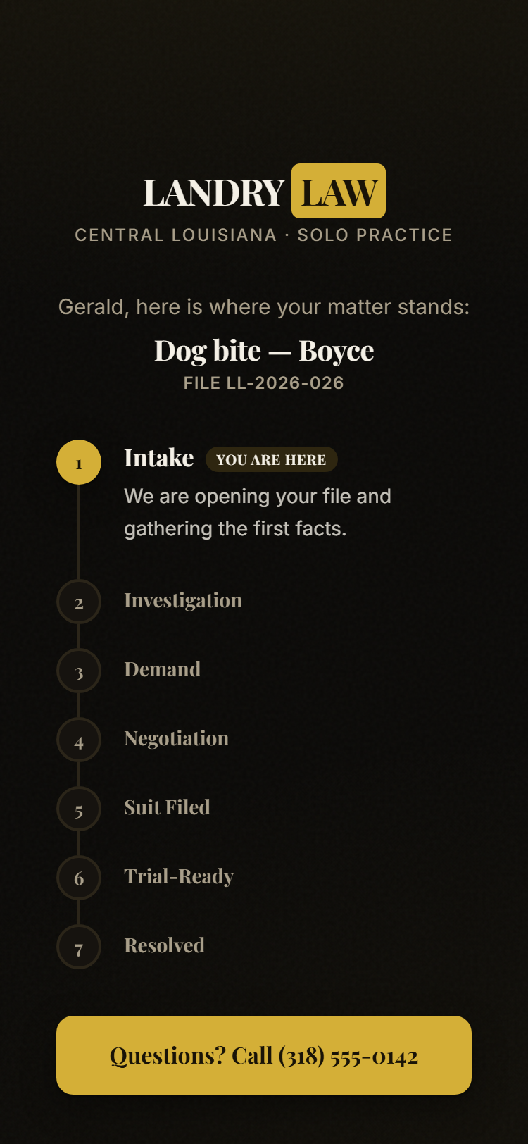 The client's own phone shows where their case stands, plain English, no login (demo data)