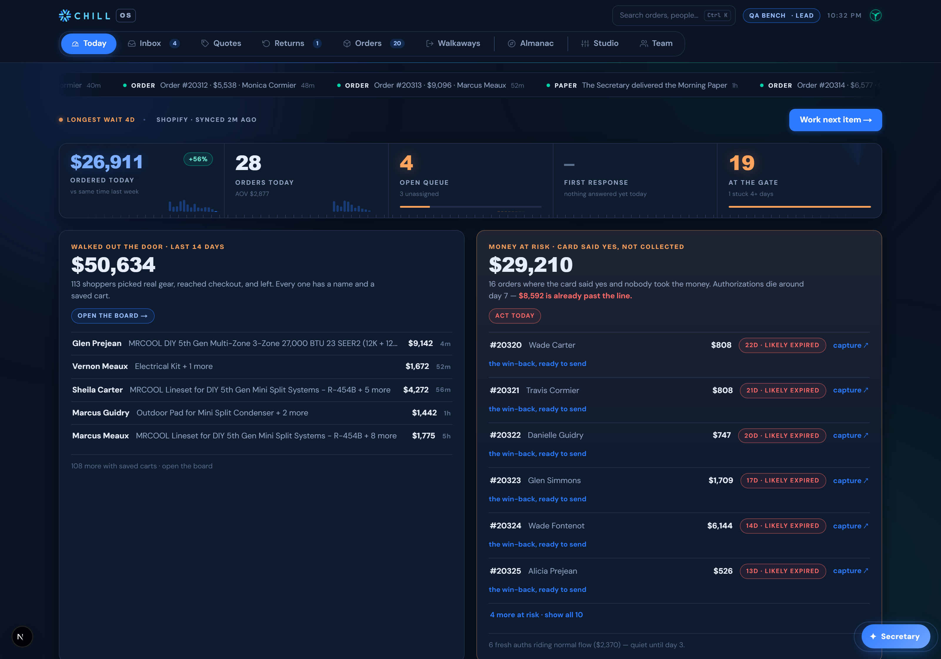 Mission control for a national e-commerce dealer. Live gauges, abandoned carts with names, and authorized money aging toward expiry, on one dark board (shown with demo values)
