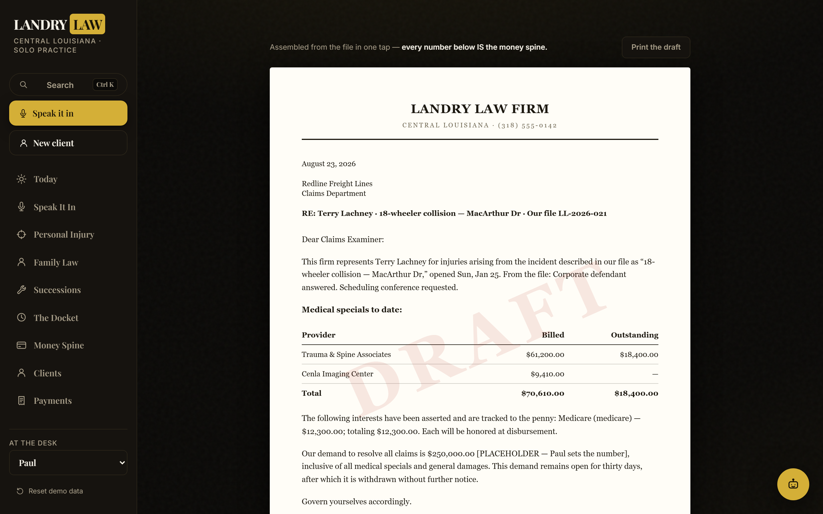 The letter desk, a demand letter drafted from the file's own medicals and liens (demo data)