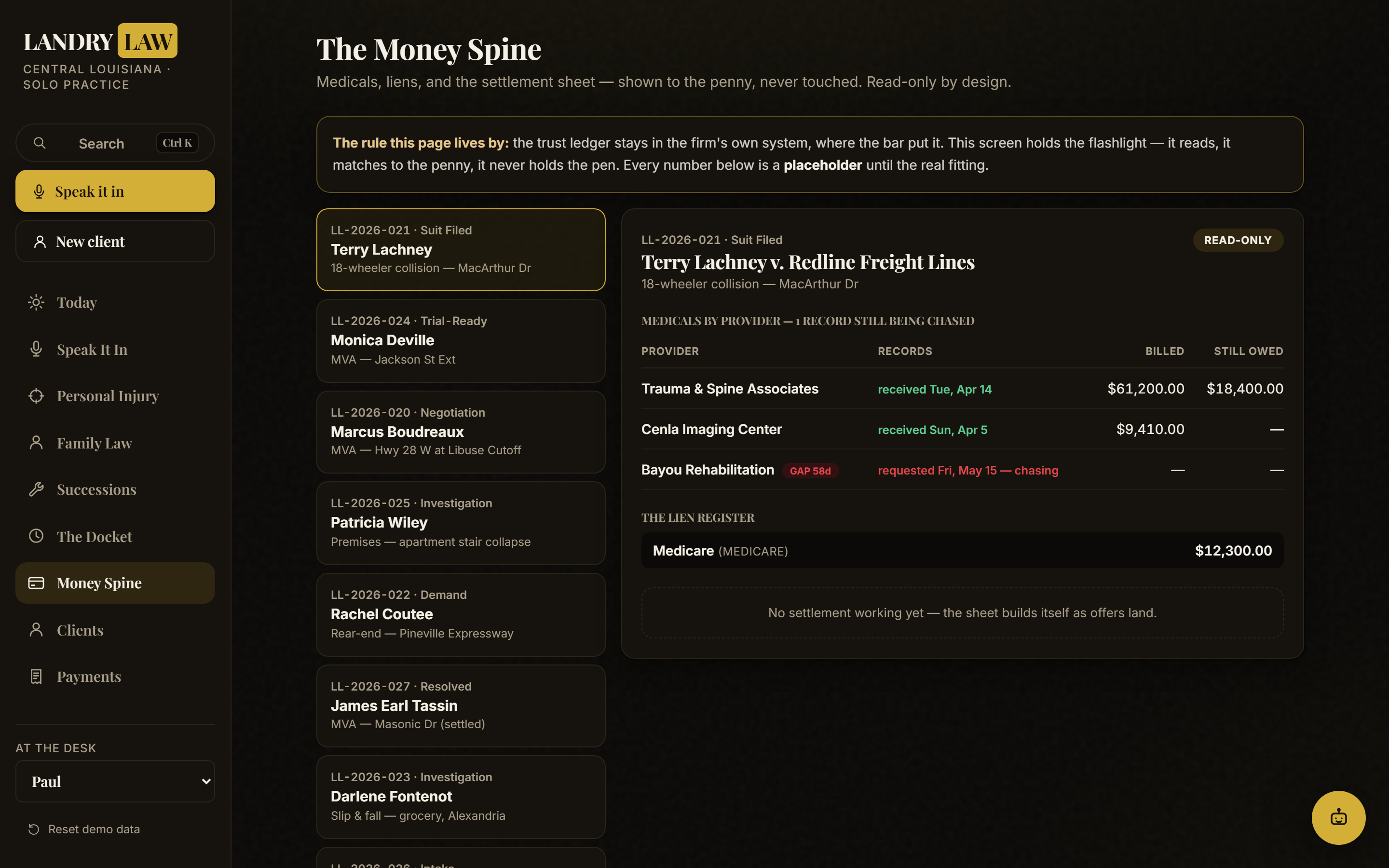 The money spine, medicals by provider, the lien register, settlement math shown and never touched (demo data)